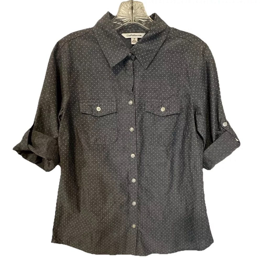 Croft And Barrow Women's Gray Polka Dot Button Up Roll Tab Top Leisure‎ Casual S